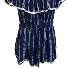 Lulus Navy White Embroidered Off Shoulder Ruffle Romper Boho Coastal Size Medium
