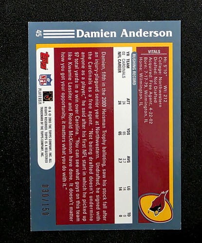 2003 Topps #45 Damien Anderson negro #030/150 - Imagen 2 de 2