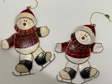 2 Vintage Capiz Shell Snowman Skating Ornament With Moving Head 6” H