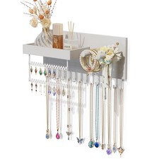 Wall Mounted Hanging Jewelry Organizer, 15 Hooks Wooden Necklaces Holder with...