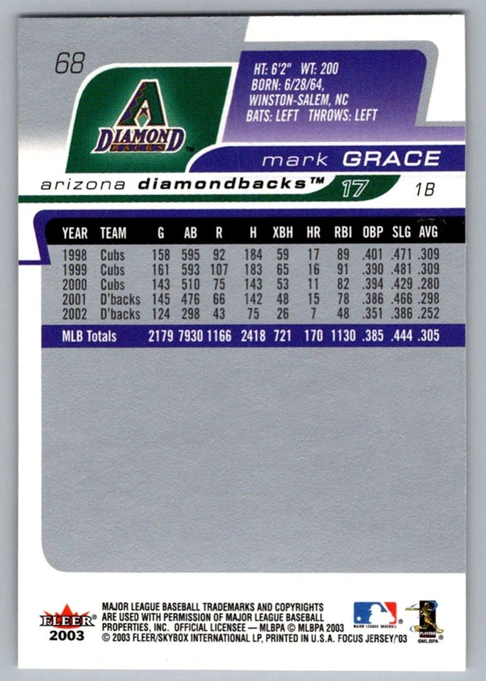 2003 Fleer Focus Jersey Edition Mark Grace Arizona Diamondbacks #68 - Image 2 of 2