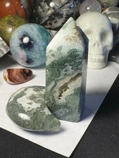 Moss Agate Crystal/stone  Stunning Duo.   Tower 3.5 X 1.5 Drizzles. Heart 2.5"