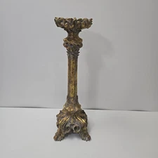 Vintage Gold Tone Ornate 4 footed Baroque Pillar Pedestal Candle Holder 21.5