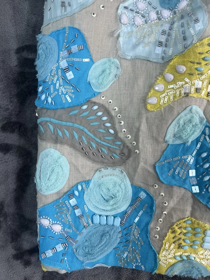 Lafayette 148 Straight Skirt Beige Linen Blue Yellow Silk Leaves Beaded Size L - Image 4 of 4