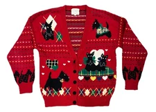 VTG Susan Bristol Sweater Women M Red Scottie Dog Argyle Cardigan Birds Eye 90s