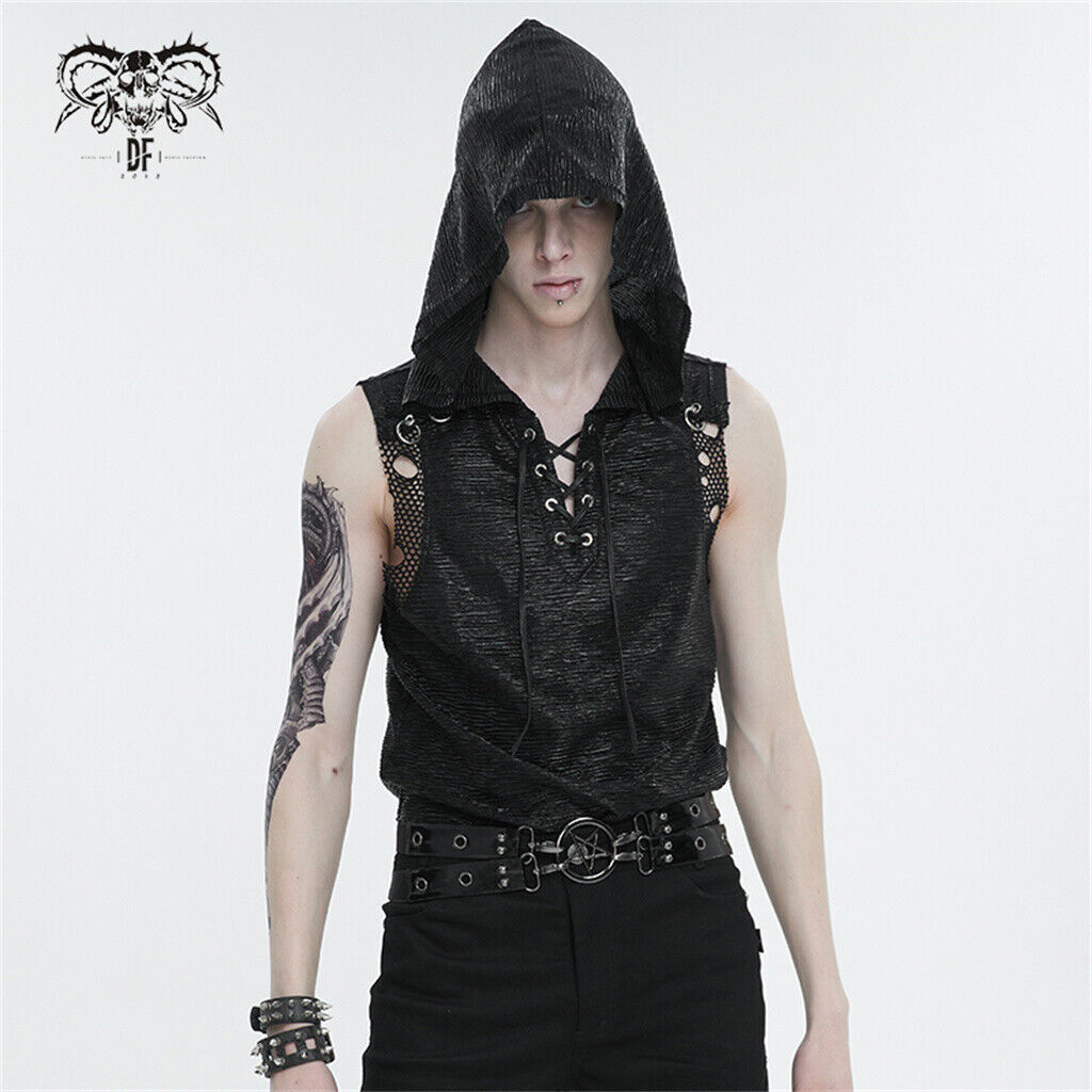 Devil Fashion Men Black Gothic Punk Sleeveless T-Shirt Drawstring