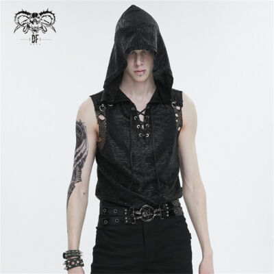 Devil Fashion Men Black Gothic Punk Sleeveless T-Shirt Drawstring