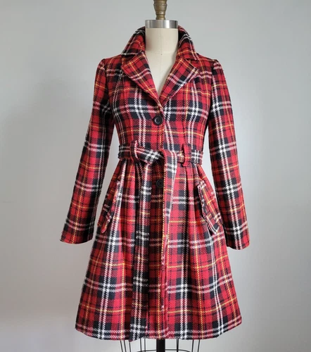 VTG RED PLAID WOOL BLEND COAT w/ MATCHING SASH WAIST BELT & FULL SKIRT