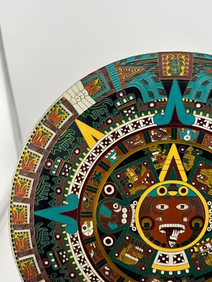 VTG Aztec Wall Art Metal Disc Mexican Mayan Sun Colorful! 9 7/8