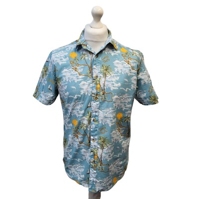 Primark Blue Green Palm Beach Print Short Sleeve Hawaiian Shirt UK