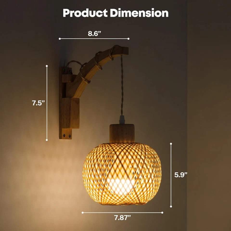 Juego de 2 Apliques de Pared Boho Tejido Ratán Lámparas Colgantes de Pared Funciona con Pilas Foto 4 de 4