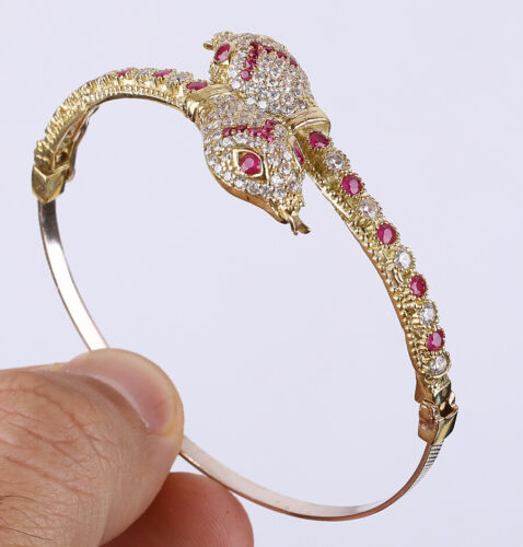 SNAKE SIMULATED RUBY .925 SILVER & BRONZE BANGLE BRACELET #12943 - Picture 1 of 3
