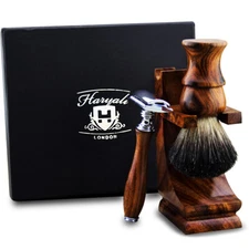 Wooden Wet Shaver Kit DE Safety Razor Badger Shaving Brush Stand Luxury 3Pcs Set