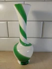 Hand Blown Art Glass Vase Green White Candy Stripe Swirl ~ 8" Milk Slag Vintage