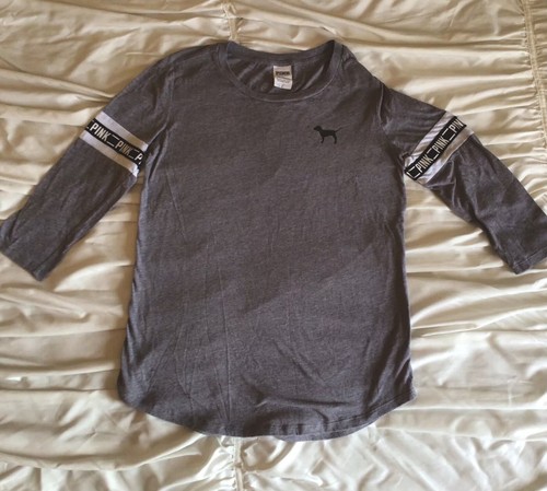 Victorias Secret Pink Size Small Gray 3/4 Sleeve U-Hem Campus Logo Shirt - Picture 2 of 4