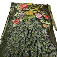Oriental Silk Scarf Shawl Wrap Embroidery Birds, Shimmer Colorful 21x60 inches