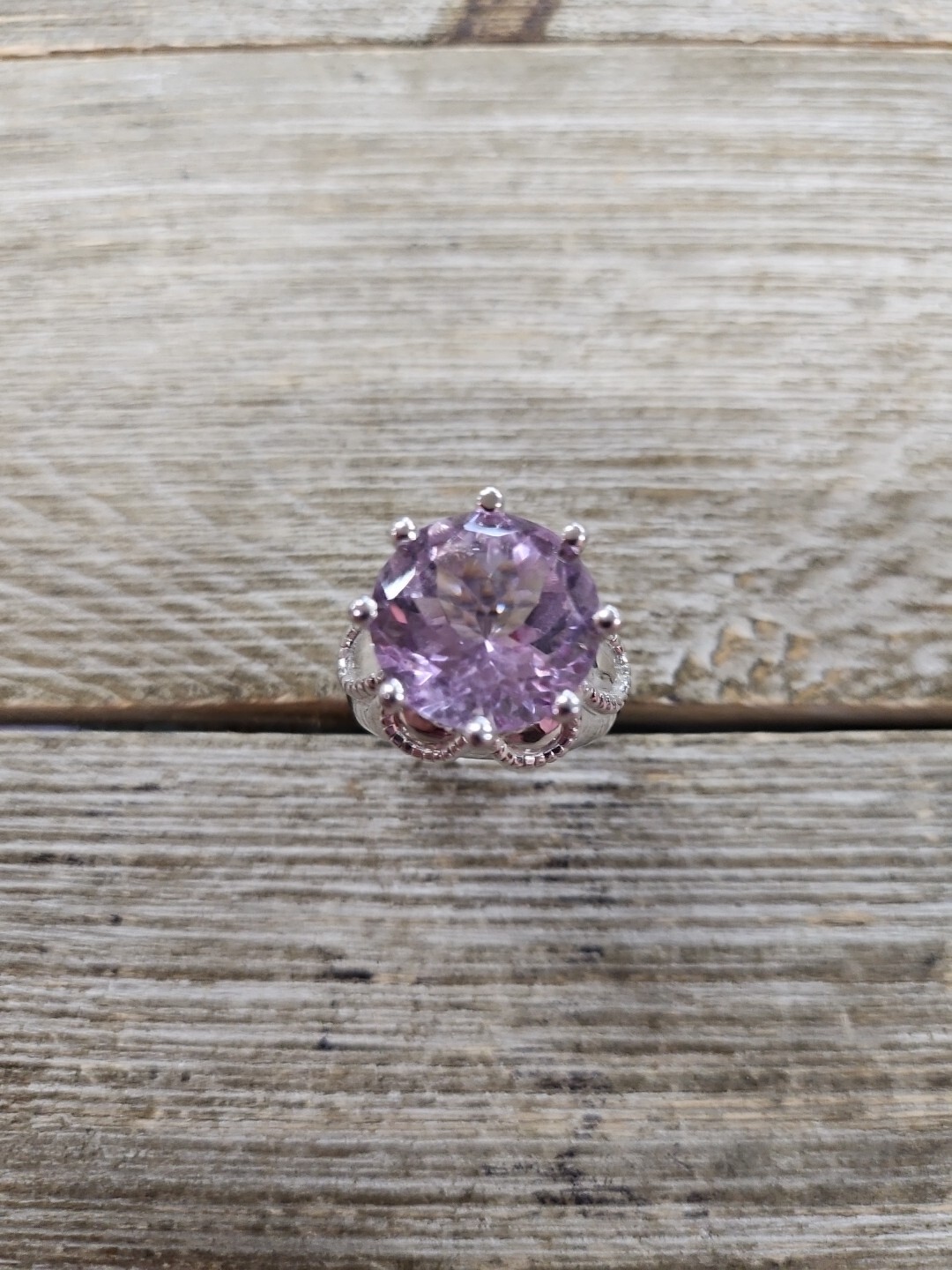 Sterling Silver Ring Lab Amethyst Large Round Cut… - image 1