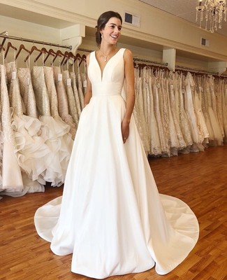 Elegant V-neck White Ivory A-line Wedding Dresses 2019 ...