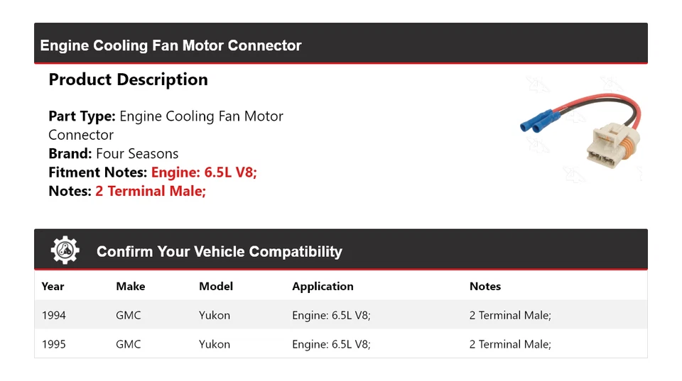 Conector de motor ventilador de refrigeración motor V8 6,5 L GMC Yukon 1994-1995 4 estaciones Foto 2 de 4