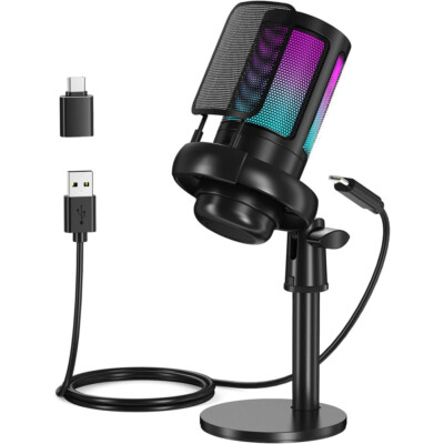 Mic Gaming USB Mikrofon PC RGB Microphone Streaming Podcast Studio Kondensator