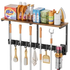 Broom Holder Wall Mount with Mop Rack & Storage Shelf, Laundry Closet Organizer
