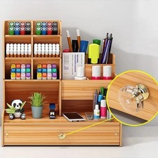 Wooden Office Desk Organiser Stationary Storage Home Tidy Storage Tabletop Stand