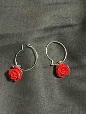 Silver Red Rose Hoop Earrings Fast Shipping