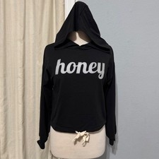 January 7 Honey Graphic Cropped Hoodie Black Long Sleeve Small Made in USA