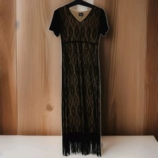 Vtg Y2K Sheer Gothic Glam Regency Maxi Dress Art Deco Whimsigoth Fringe M USA