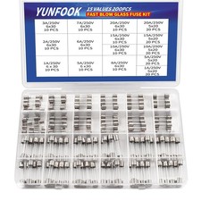 200 Pcs Glass Fuses Assortment Kit 15 Values Fast Blow 250V 1A-20A 5x20mm 6x30mm