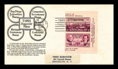 US COVER TIPEX SOUVENIR PANE FIRST DAY ISSUE SCOTT 778A ANDERSON CACHET