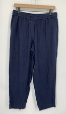 Talbots Pants Women 8 Navy Blue 100 Linen Pull On Wide Leg Crop Preppy