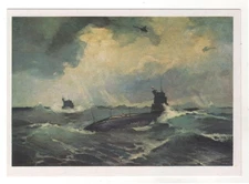 1986 Soviet Military Postcard Submarine in the Ocean & Helicopter Navy ART OLD