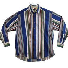 Vintage 90s Tommy Hilfiger Striped Button Down Shirt Mens Large Blue Green Red