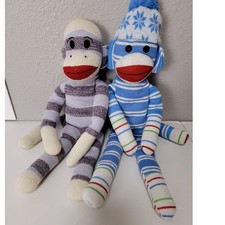 Vintage Style Sock Monkey Plush Set Purple Blue Stripe Snowflake Hat 20 Inch