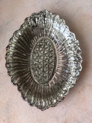 Mercury Glass Style Decorated Silver & Red Glass Candy Dish / Trinket Dish, VTG