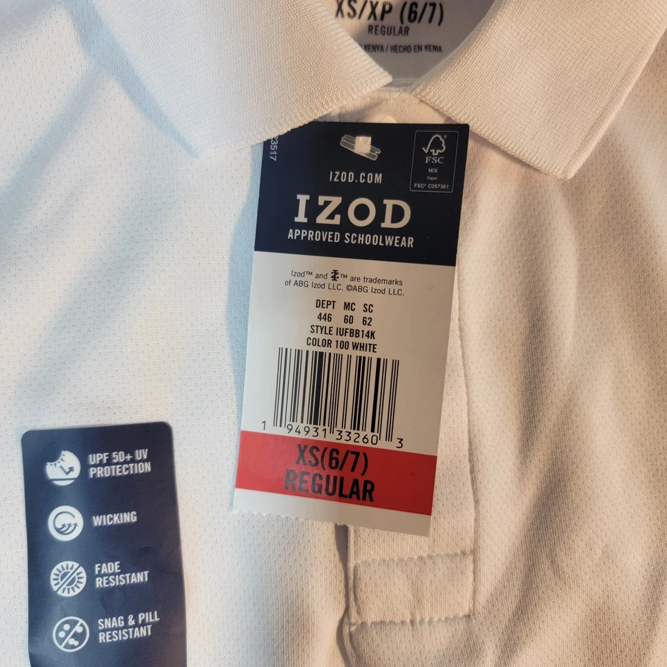 IZOD Performance Polo Niños XS 6/7 Blanco Uniforme Escolar PAQUETE DE DOS Foto 3 de 4
