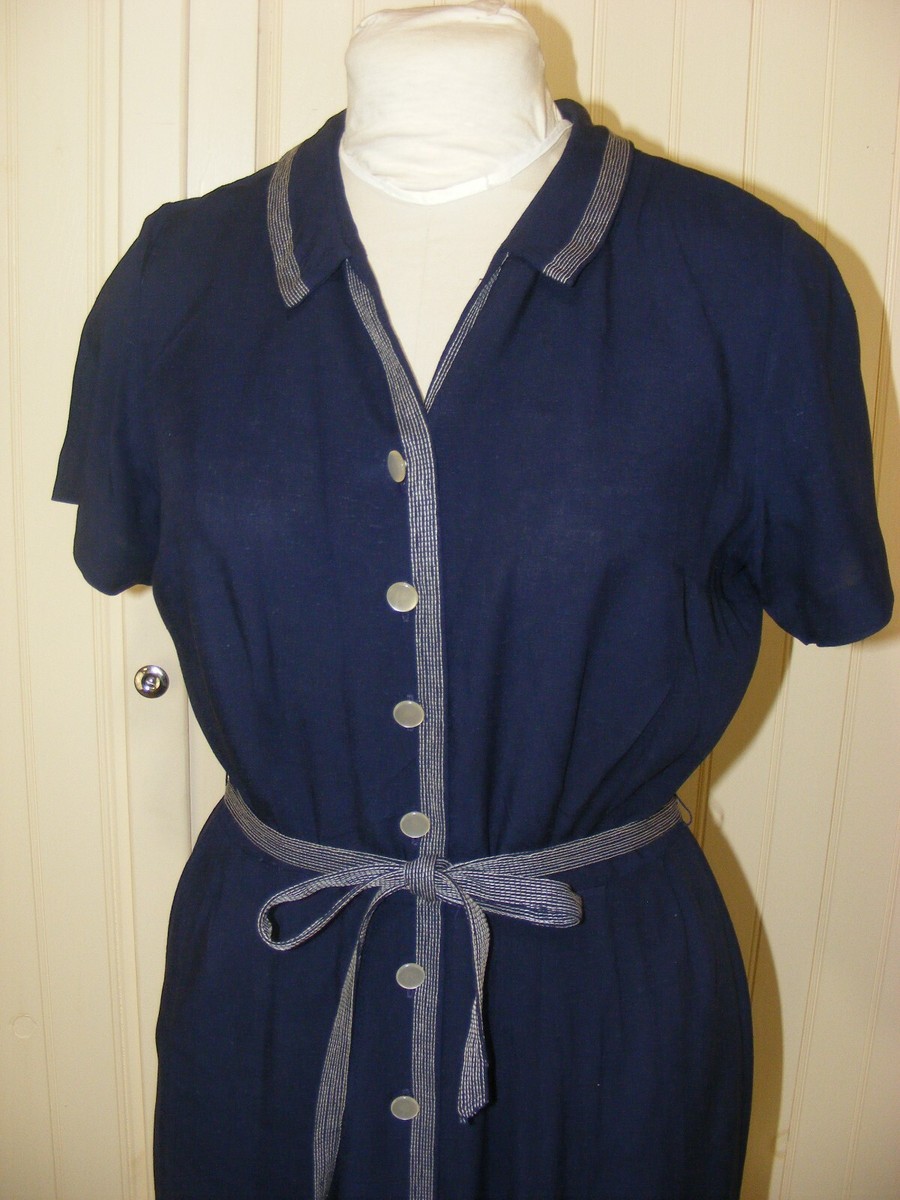 40S DRESS NAVY BLUE BUTTON UP LONG FULL SKIRT BELTED FLAT WAIST M | eBay