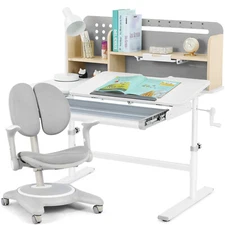 Gray Kids Study Desk Chair Sets Height Adjustable Girl Boy Table w/ Shelf,Drawer