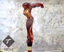 Handmade Unique Style Hand Carved Mermaid Head Walking Stick Wooden Gift Cane