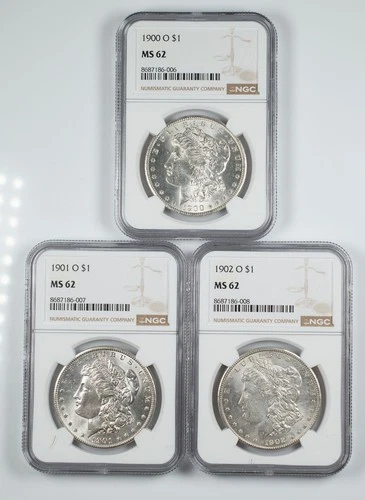 Certified 1900-O 1901-O 1902-O Morgan Silver Dollars NGC MS62 Lot of 3 $1
