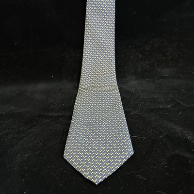 De Amanda Elegant Blue and Yellow Silk Tie with Geometric Pattern Hand Made VNTG