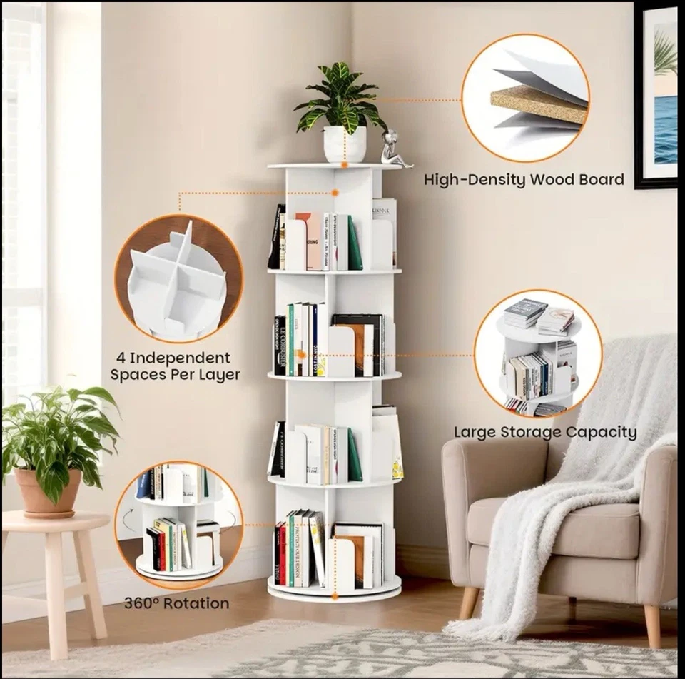 4-Tier Rotating Bookshelf Tower with 360° Spinning Shelves - White - Image 4 of 4