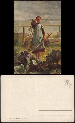 Artist Card Painting Prof. Karl Raupp - Girl at the Lake - 1915
