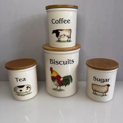 Kleeblatt Bauernhof Tiere Tee Kaffee Zucker Kanister Set & Keks Gläser Vintage (x4)