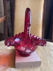 Vintage Ruby Red Glass Basket Fenton Hand Painted Signed By Artist Ruffled Edge