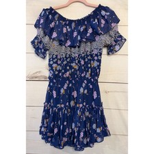 MISA Los Angeles Blue Floral Off Shoulder Ruffle Mini Dress Small Smocked Waist