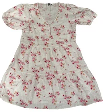 Saks Fifth Avenue White linen roses floral puffy sleeved tiered dress Women’s  M