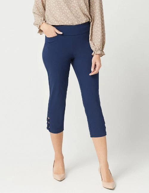 Belle Kim Gravel Twilight Blue Citi Twill Cropped Pant Capri Bow Detail New