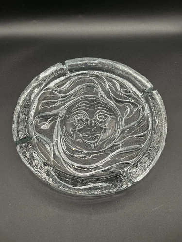 VTG 1970s Blenko Large 11” Clear Art Glass Sun Face Ashtray John Nickerson 734